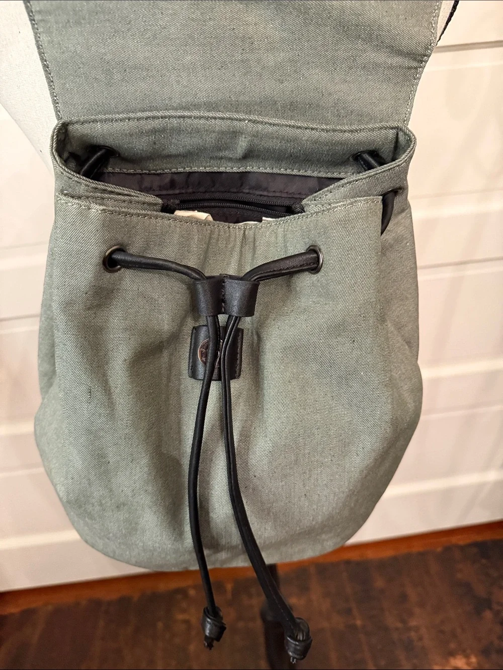 Mia Melon Sage Green Canvas Drawstring Backpack Travel Everyday Bag